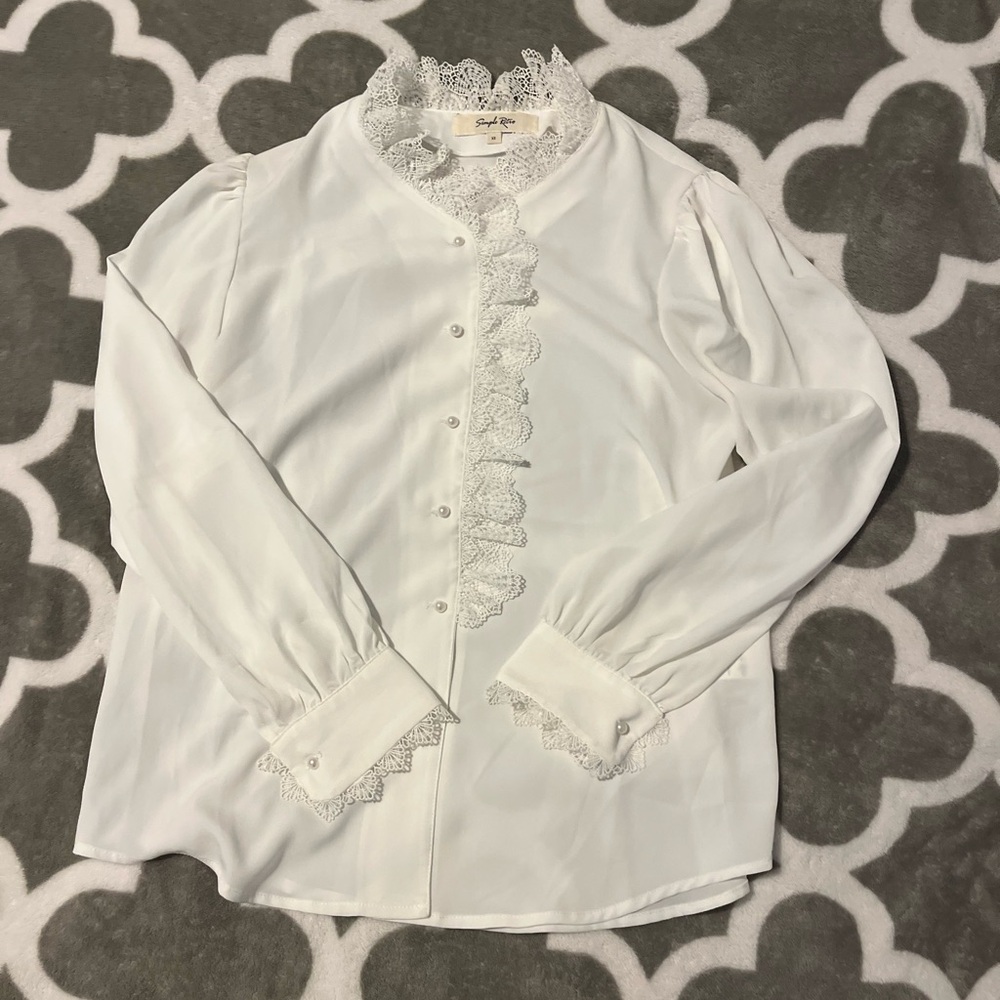 Elegant White Lace Trim Blouse